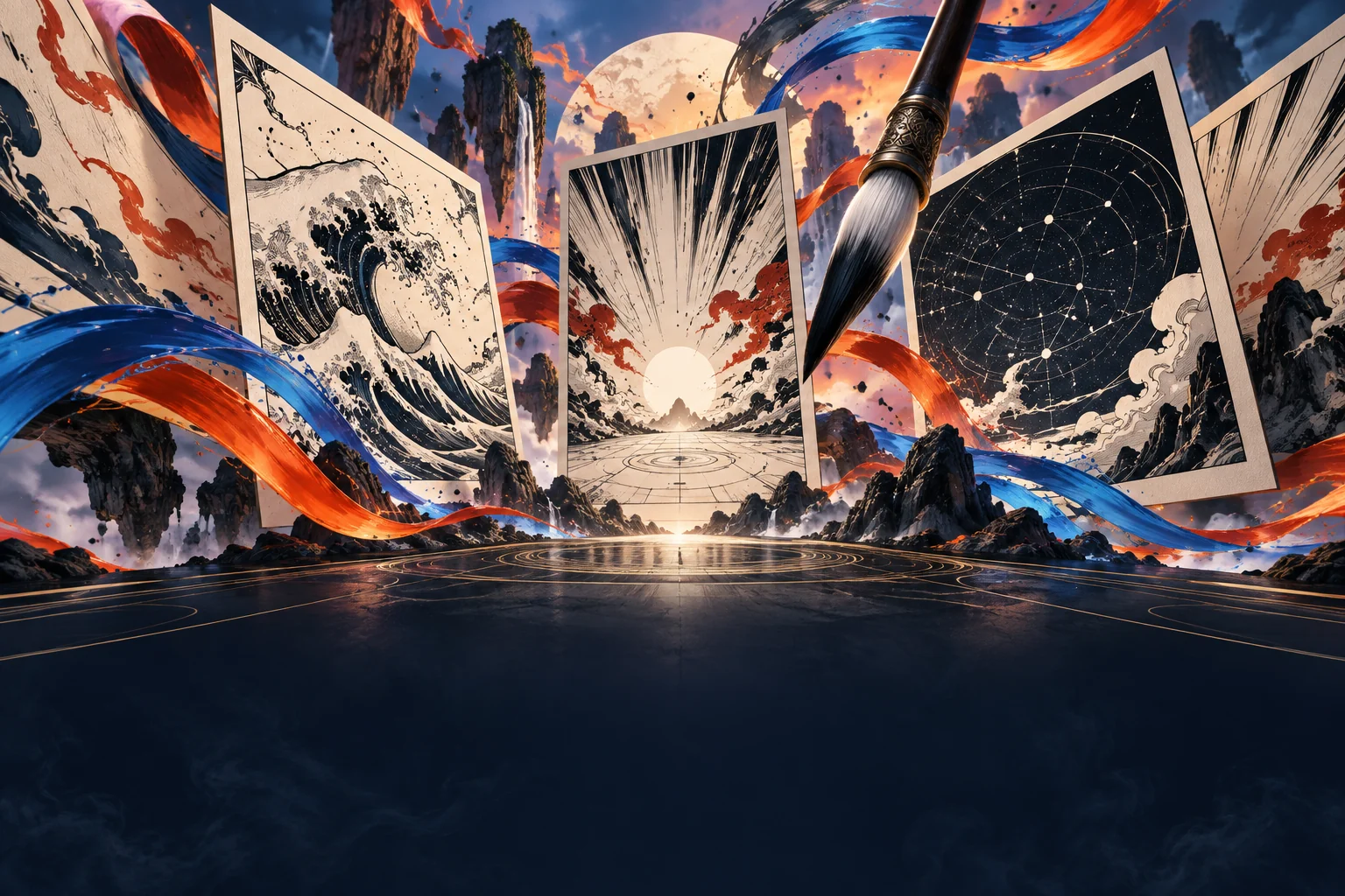 Arte conceitual de mangá com painéis ilustrados e traços de movimento