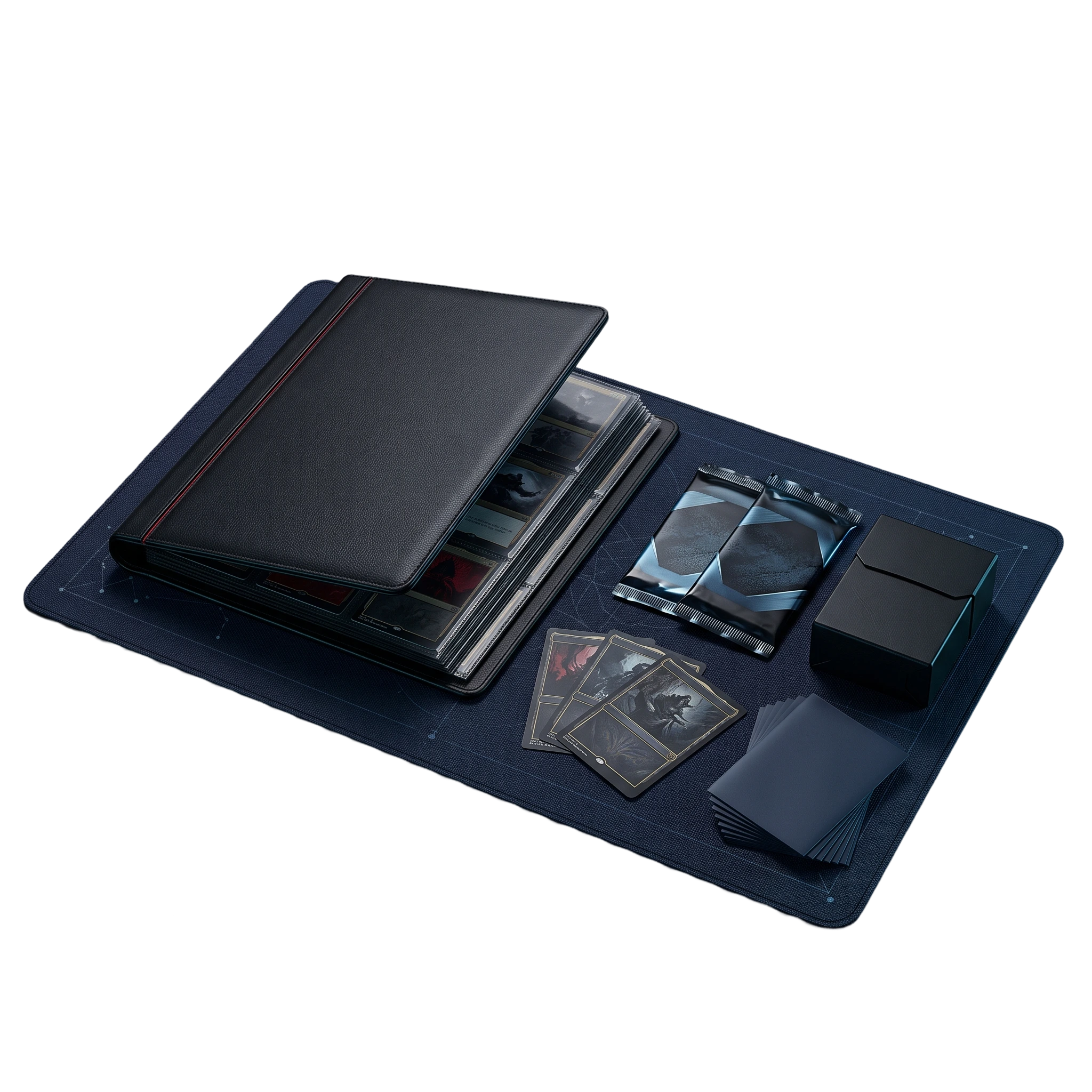Fichário, boosters, deck box, sleeves e cartas sobre um playmat